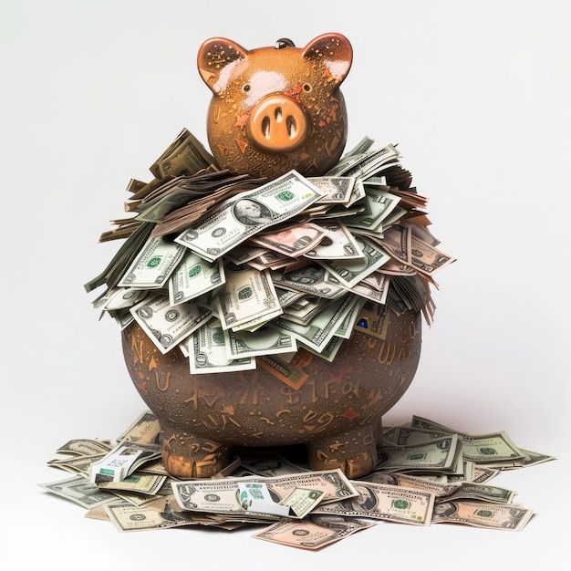 A Stuffed Piggy Bank Brims With Us Dollars A Testament To Saving Against The Blank Canvas