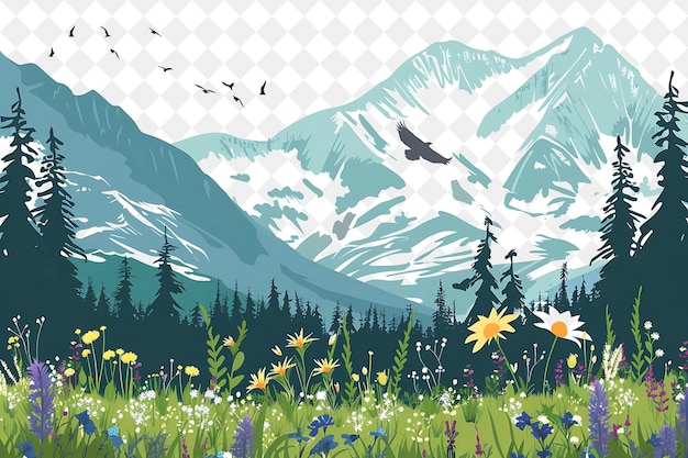 Stunning Mountain Valley Landscape With Vibrant Wildflowers Illustration Natural Scenery Design