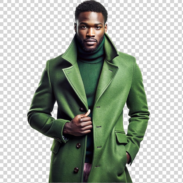 PSD stylish african american man in fashionable green coat isolated on transparent background