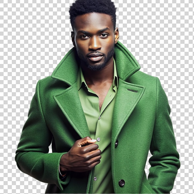 Stylish african american man in fashionable green coat isolated on transparent background