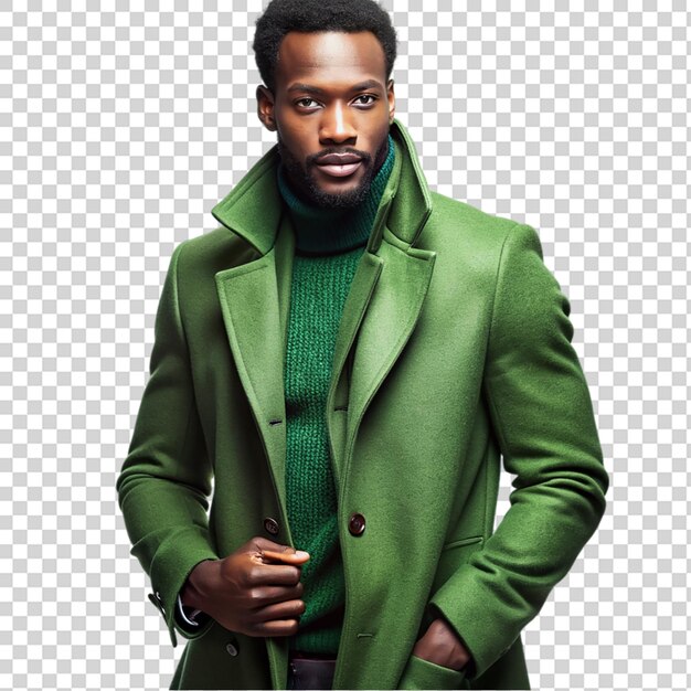 Stylish african american man in fashionable green coat isolated on transparent background