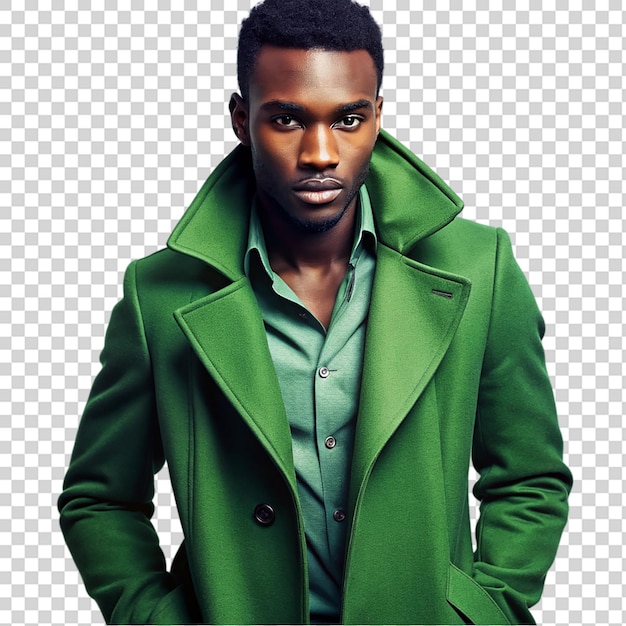 Stylish african american man in fashionable green coat isolated on transparent background