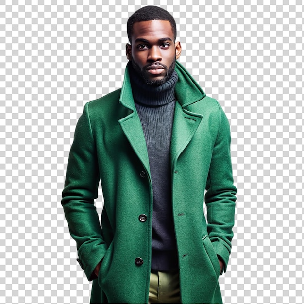 Stylish african american man in fashionable green coat isolated on transparent background