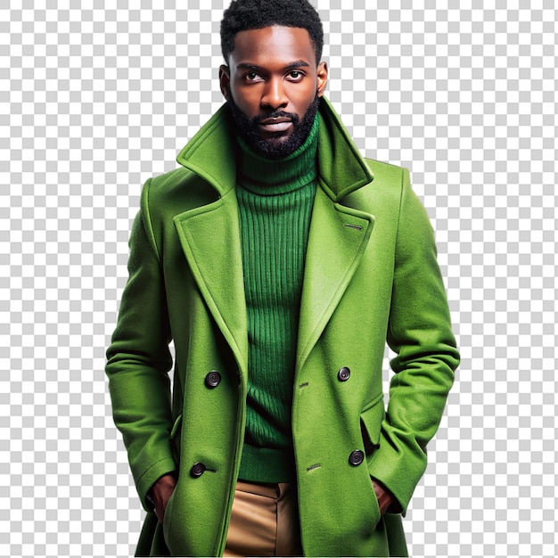 Stylish african american man in fashionable green coat isolated on transparent background