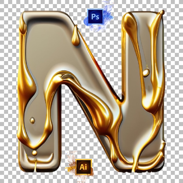 PSD stylish alphabet letter a to z shiny gold liquid drip letter design n