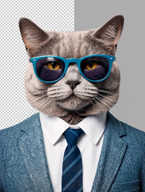 PSD stylish british cat in suit and sunglasses business humor on a transparent background