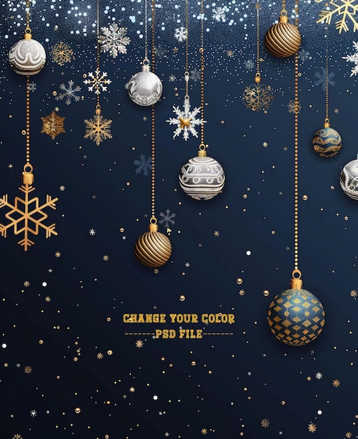 PSD stylish christmas poster with hanging golden and silver ornaments snowflakes stars