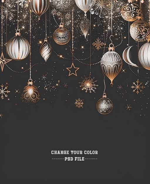 PSD stylish christmas poster with hanging golden and silver ornaments snowflakes stars