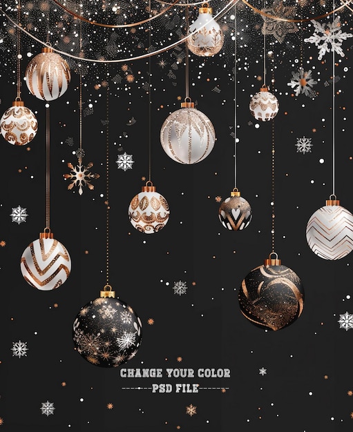 PSD stylish christmas poster with hanging golden and silver ornaments snowflakes stars