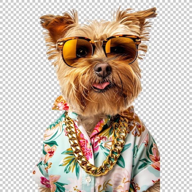 Stylish dog in sunglasses and floral shirt isolated on transparent background