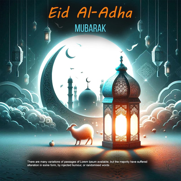 Stylish eid al adha mubarak festival with lantern and goat in glowish banner design