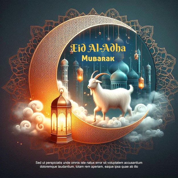 Stylish eid al adha mubarak festival with lantern and goat in glowish banner design