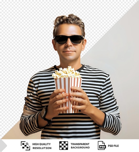 PSD stylish man with popcorn and sunglasses poses in front of white wall