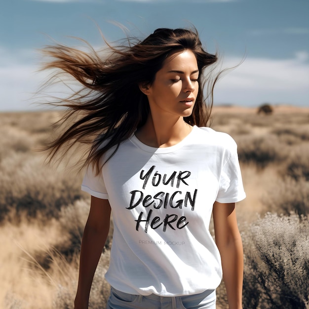 Stylish White TShirt PSD Mockup with a Stunning Female Latino American Model