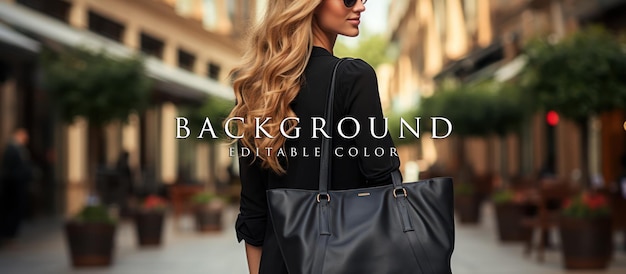 Stylish woman with black big bag bag focus with details for product display