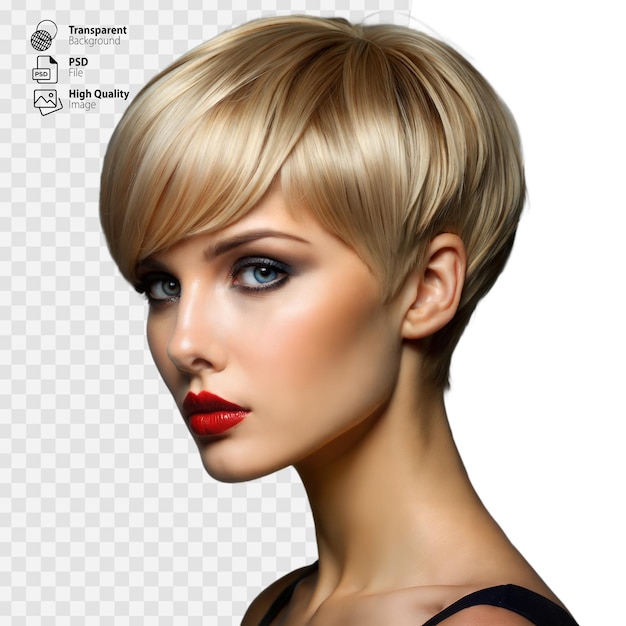 Stylish Woman With Short Blonde Hair and Bold Red Lips on Transparent Background