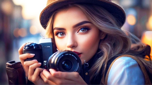 Stylish women photographer taking photo