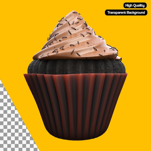 Stylized Chocolate Cupcake 3D Illustration. PSD transparent background