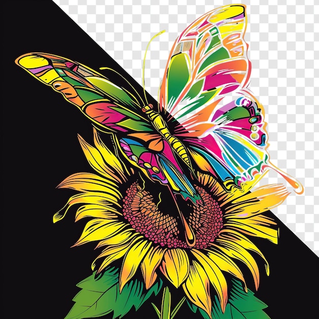 Stylized Colorful Butterfly on Blooming Sunflower TShirt Design