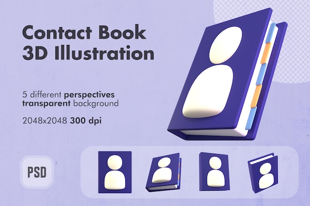 Stylized Contact Book with Index 3D Icon in Multiple Perspectives