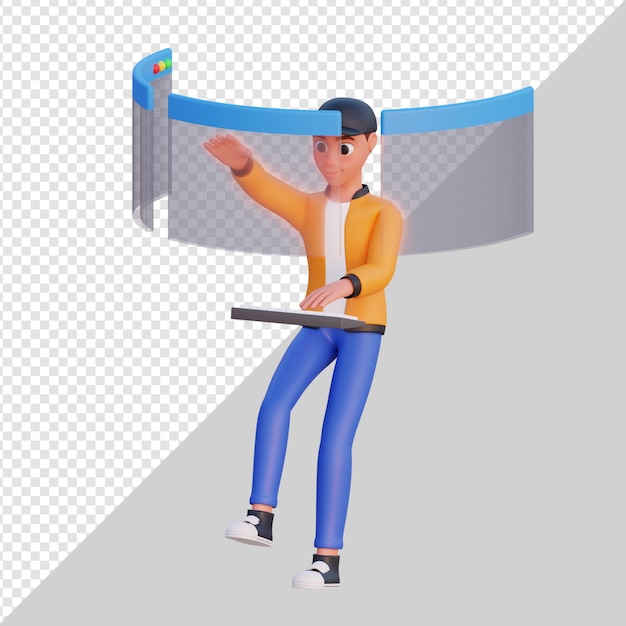 Stylized man working with laptop 3d character illustration