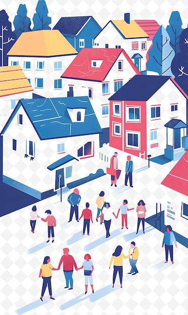 PSD suburban neighborhood with families casting their votes at a flat illustration poster design