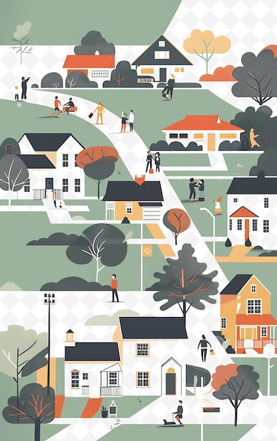 PSD suburban neighborhood with families casting their votes at a flat illustration poster design