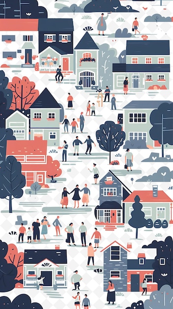 PSD suburban neighborhood with families casting their votes at a flat illustration poster design