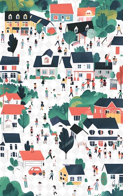 PSD suburban neighborhood with families casting their votes at a flat illustration poster design