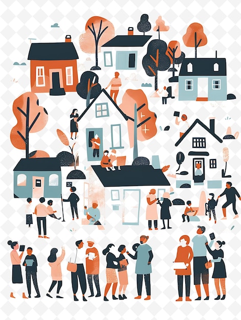 PSD suburban neighborhood with families casting their votes at a flat illustration poster design