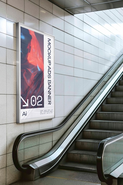 Subway poster mockup near escalator