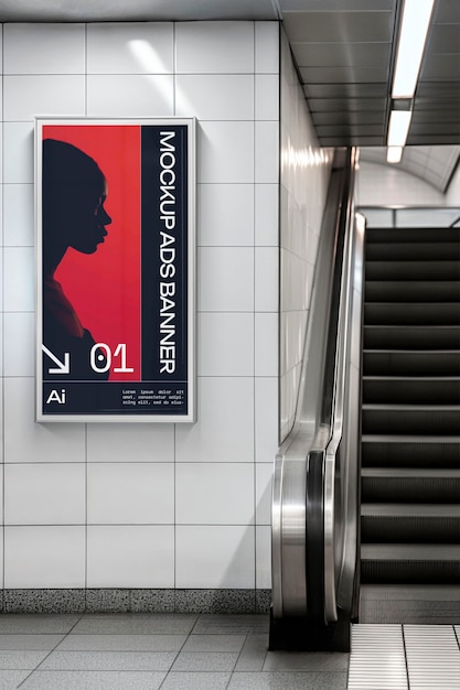 Subway poster mockup near escalator