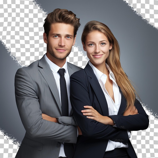 Successful young business partners posing back to back and smiling isolated on a transparent background