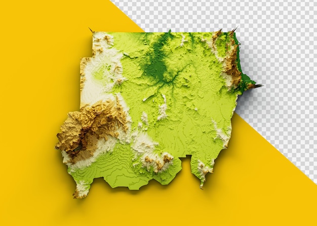 Sudan Map Shaded relief Color Height map on isolated Background 3d illustration