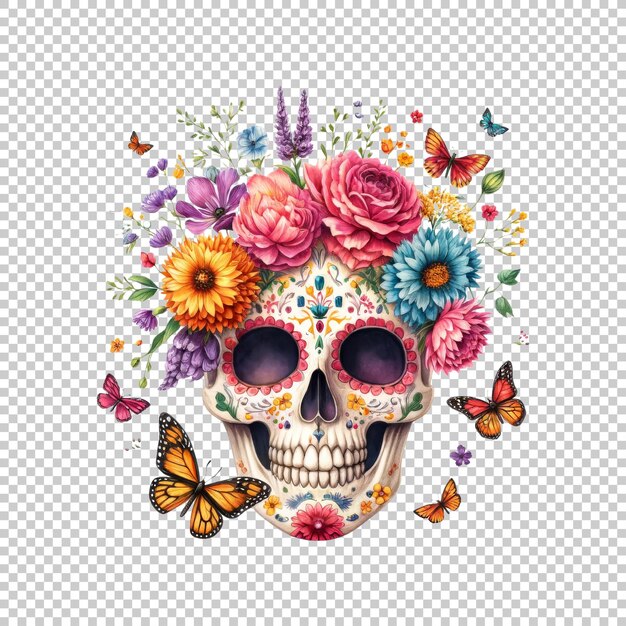 PSD sugar skull with flowers and butterflies in a detailed design isolated on transparent background