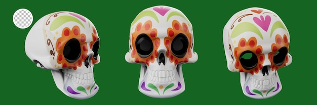 A sugar skull with a green background and a white skull with a flower pattern.