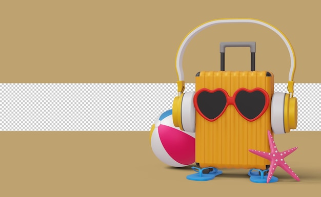 Suitcase waring headphone with beach ball and starfish, summer season 3d rendering