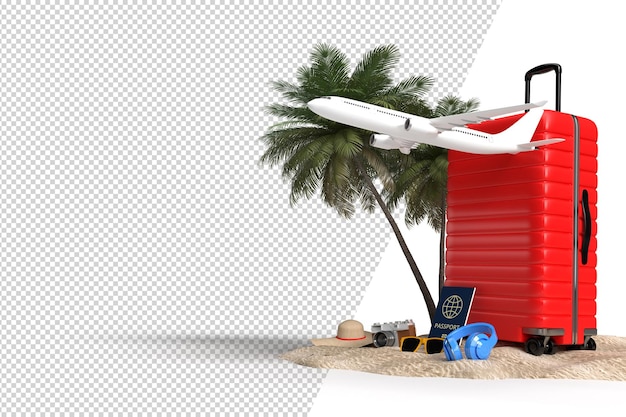 Suitcase with airplane and traveler accessories, essential vacation items. Adventure and travel holiday trip. Traveling concept design banner mockup template. 3D rendering