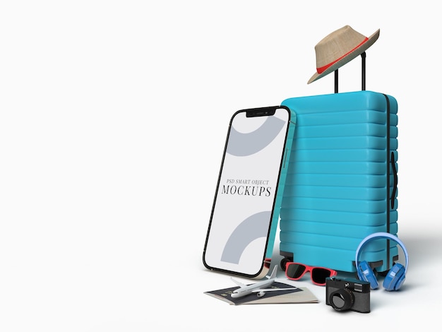 Suitcase with traveler accessories essential vacation items With Smartphone Mockup