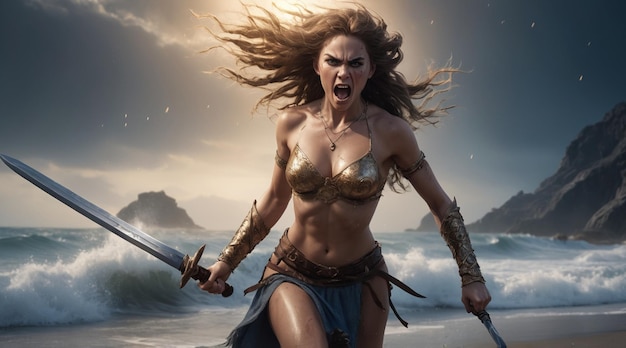 PSD a sultry angry barbarian princess with sword in hand war princess gaming character sexy wallpaper