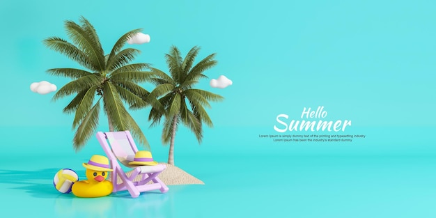 Summer background template composition with beach coconut tree and beach objects