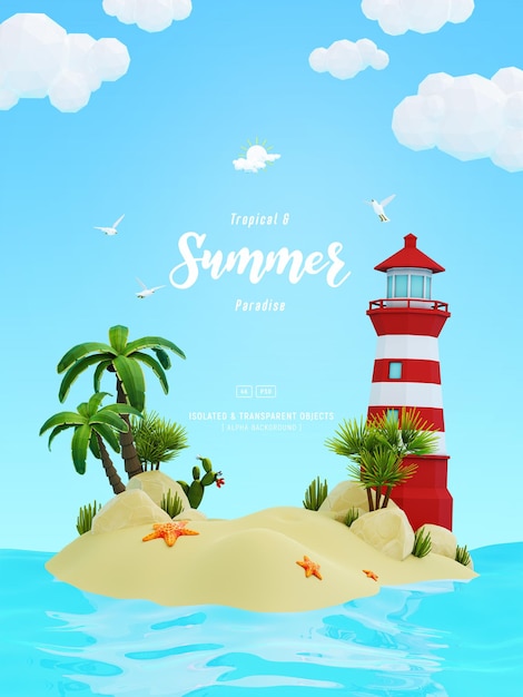 Summer Background Template composition with lighthouse on small island and beach objects Isolated