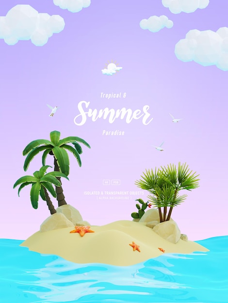 Summer Background Template composition with Palm trees and beach objects on cute small island