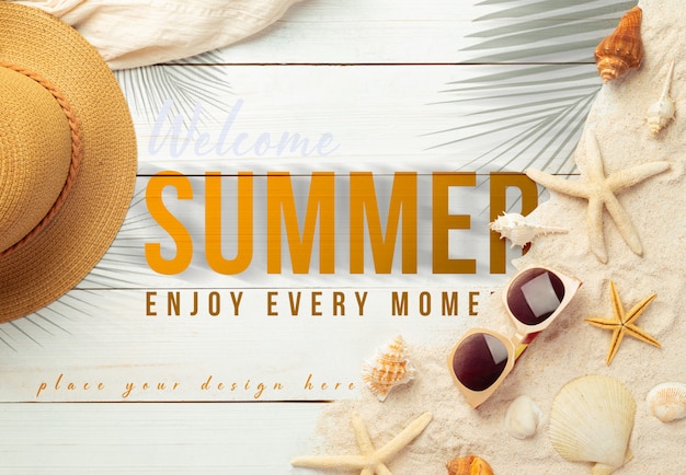 Summer background with beach accessories on white wood table mockup template for your design