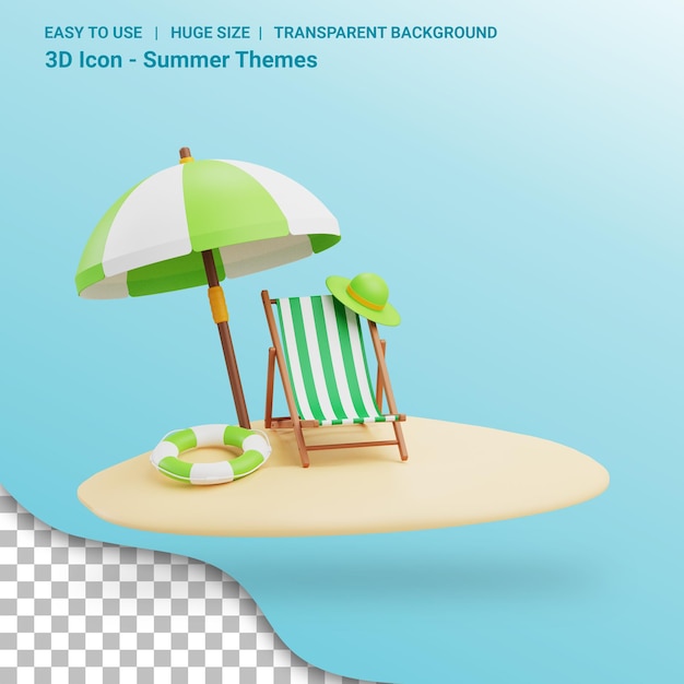 Summer beach 3d render illustration with transparent background