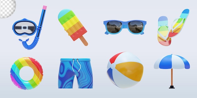 Summer beach accessories isolated object pack 3d rendering