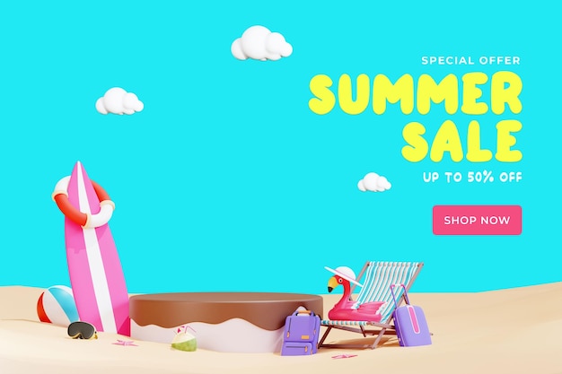 Summer beach banner template with 3d illustration