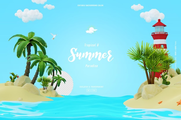 Summer beach landscape background template with lighthouse and palm trees isolated 3D illustration