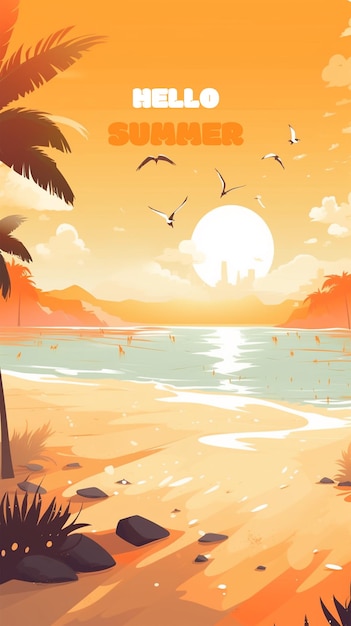 PSD summer beach with a background of coconut trees and seabirds