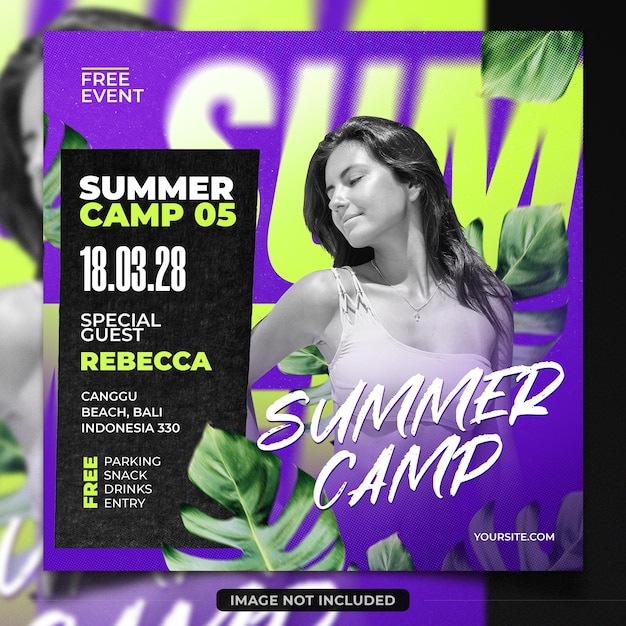 Summer camp at beach invitation flyer template